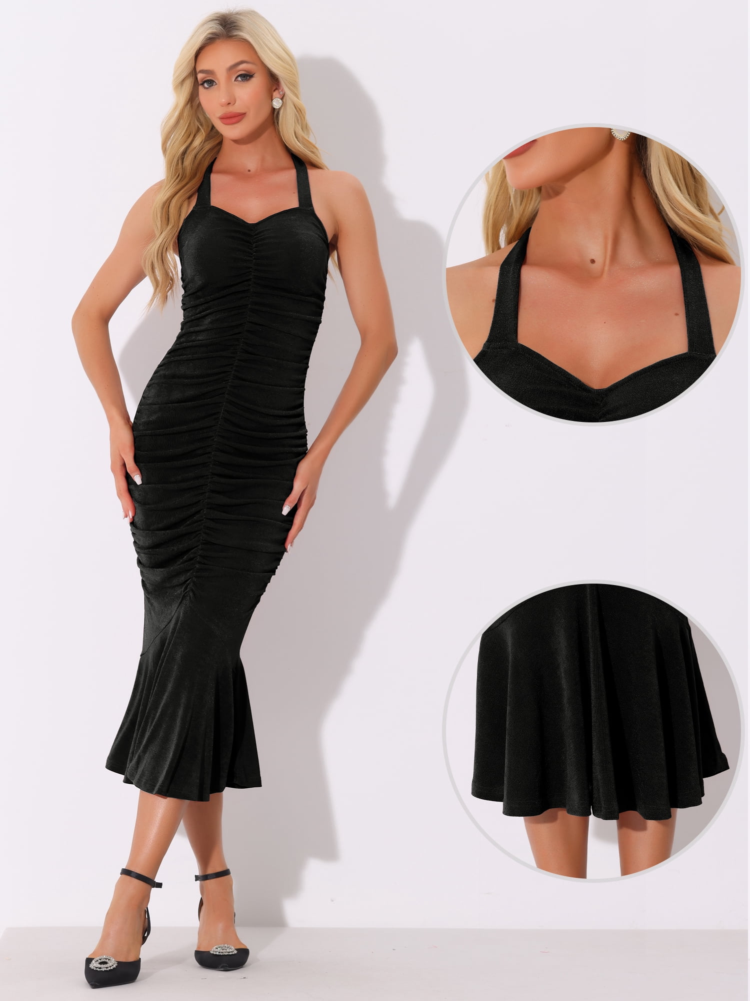 DARING DIVA Cocktail Midi Halter Sleeveless Mermaid Bodycon Dress M Black