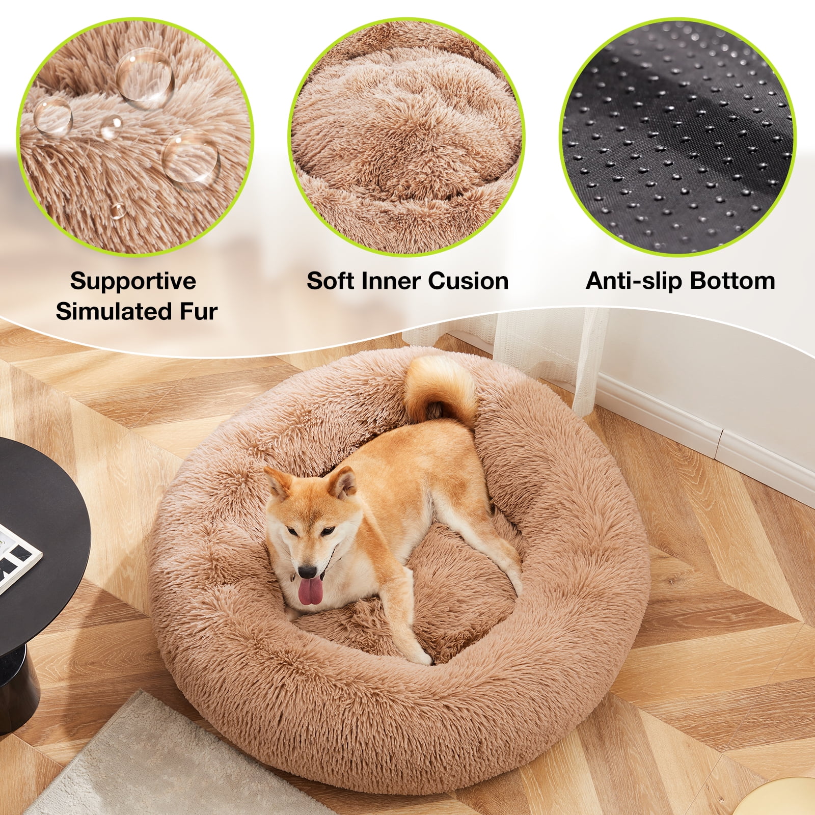 GIANNA Calming Donut Dog & Cat Bed, 24 Inches Round Fluffy Dog Beds for Medium Dogs, Anti-Anxiety Plush Dog Bed, Machine Washable Pet Bed, Brown