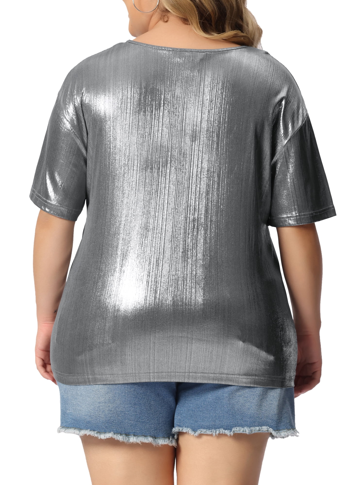 DARING DIVA Women's Plus Size Metallic Round Neck Short Sleeve Blouses 5X Silver