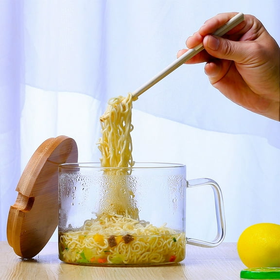 YSNOOWE 1Pcs Glass Salad Bowl for Kitchen Use Heat Resistant with Bamboo Lid Clear Bowls for Instant Noodle