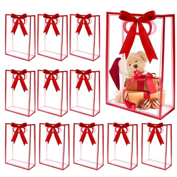 12 Pcs Clear Gift Bags with Handles 7.1"x10.2"x3.2" Plastic Party Favor Bag with Ribbon Reusable Goodie Bags Transparent Gift Wrap Bag Bulks for Christmas Bridal Wedding Birthday (Red)