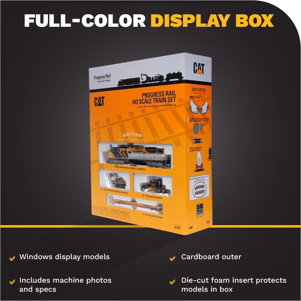 Diecast Masters Caterpillar Progress Rail HO Scale Train Set, HO Series Cat Trucks & Construction Equipment | 1:87 Scale Model Diecast Collectible | Diecast Masters Model 87001