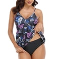 thumbnail image 1 of Traje de baño Tankini con cuello en V, correa de espagueti, impresión digital, traje de baño transpirable de dos piezas para surf, fiesta en la playa, parte superior de hojas y fondo negro XXL, 1 of 8