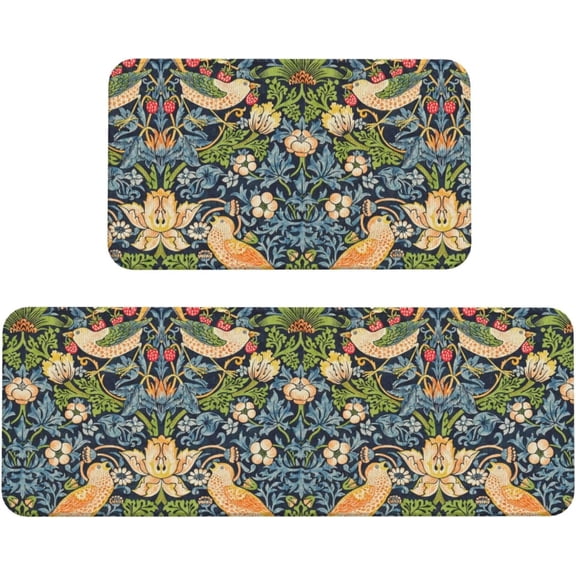 William Morris Strawberry Thief Floral Kitchen Mats Set of 2, Home Decor Kitchen Rugs for Floor - 17x29 and 17x47 Inch