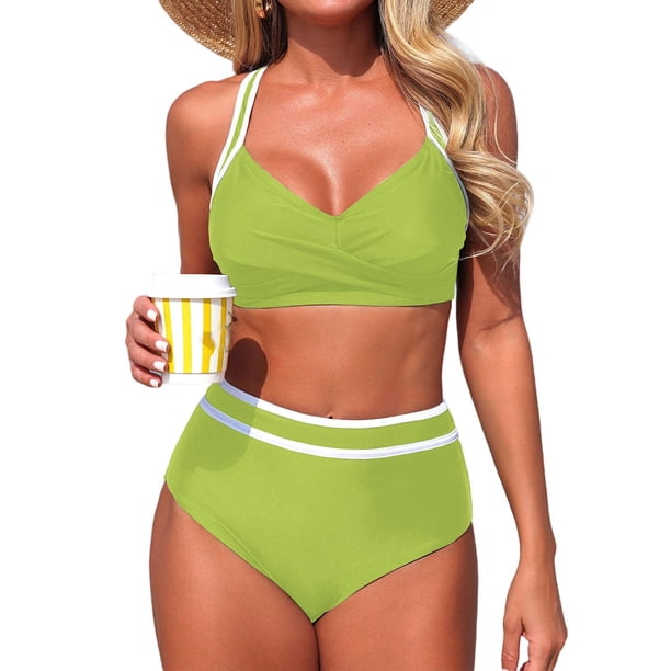Traje de Baño Bikini Conjunto para Mujeres sin Mangas Patchwork V-Cuello Nudo Delantero Empujar Hacia Arriba Acolchado Dos Piezas