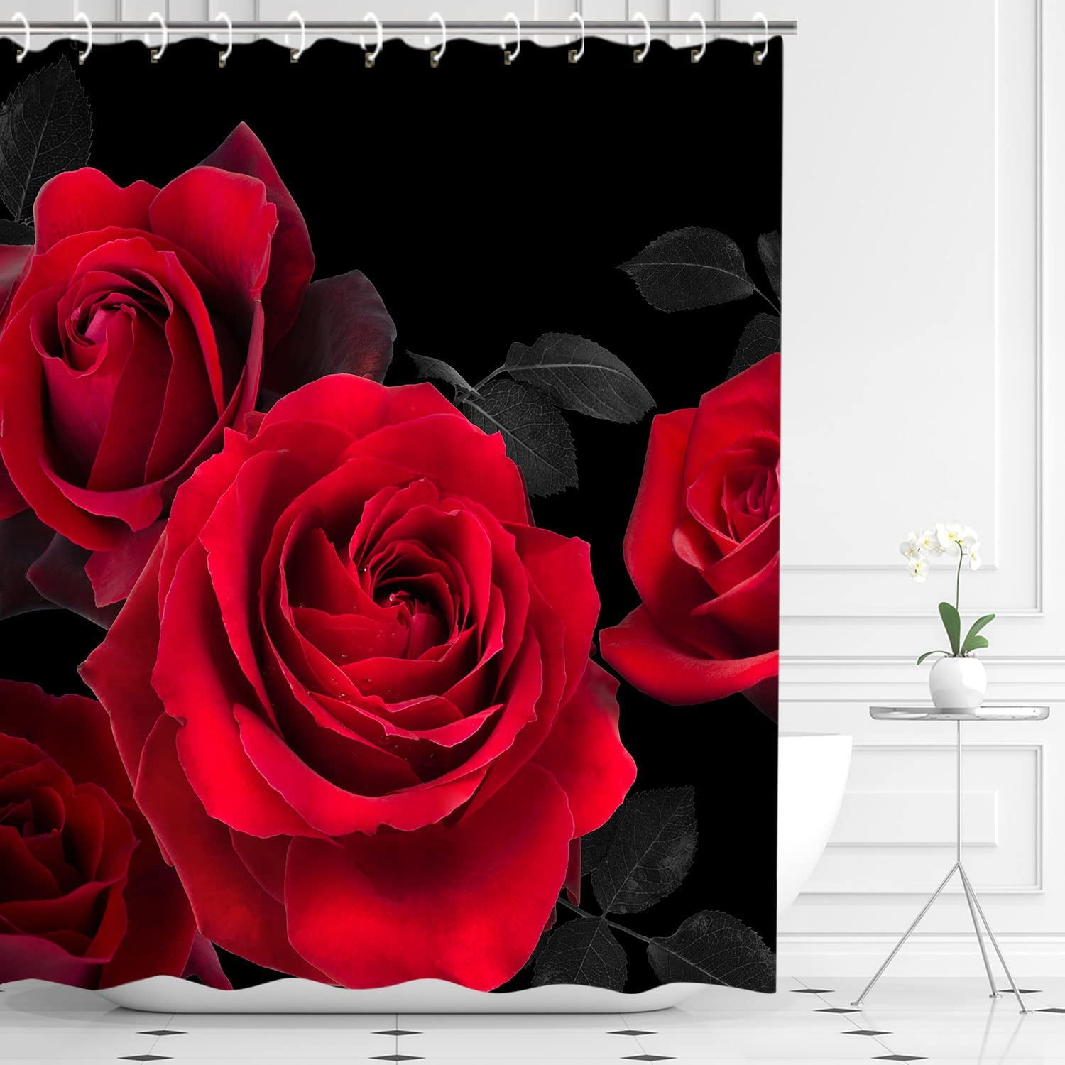 Red Shower Curtain for Bathroom Rose Shower Curtain Black and Red Shower Curtains Red Rose Shower Curtain with Hooks Black Floral Flower Decorative Pretty Valentine Gift, 72" W x 72" H