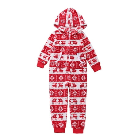 

Gureui Family Matching Christmas Casual One Piece Jumpsuit Elk Floral Print Long Sleeve Hooded Romper with Pocket Nightwear for Kids Adults Baby