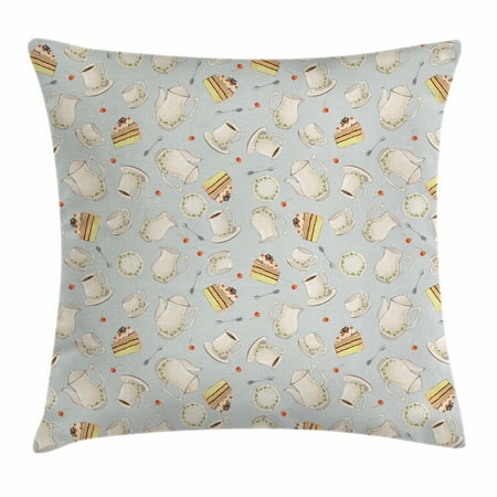 Sq Accent Plate - Tea Party Throw Pillow Cushion Cover, Coffee Pot Teapot Spoons Plates and Creamy Slices of Cake with Cherries, Decorative Square Accent Pillow Case, 20 X 20 Inches, Bluegrey Red Green, by Ambesonne