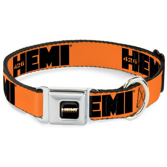Hemi Pet Collar, Dog Collar Metal Seatbelt Buckle, Hemi 426 Logo Repeat Orange Black, 15 to 24 Inches 1.0 Inch Wide