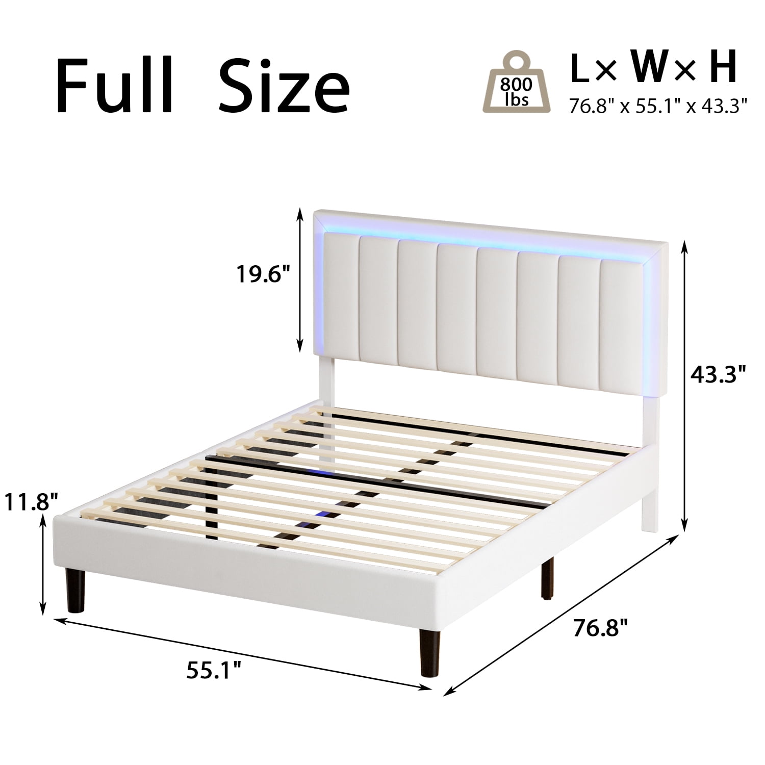 4 EVER WINNER Full Bed Frame with LED Light, Upholstered Platform Bed Frame with Headboard, White