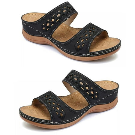 

huanledash Women Faux Leather Anti Slip Low Wedge Sandals Hollow out Platform Slippers