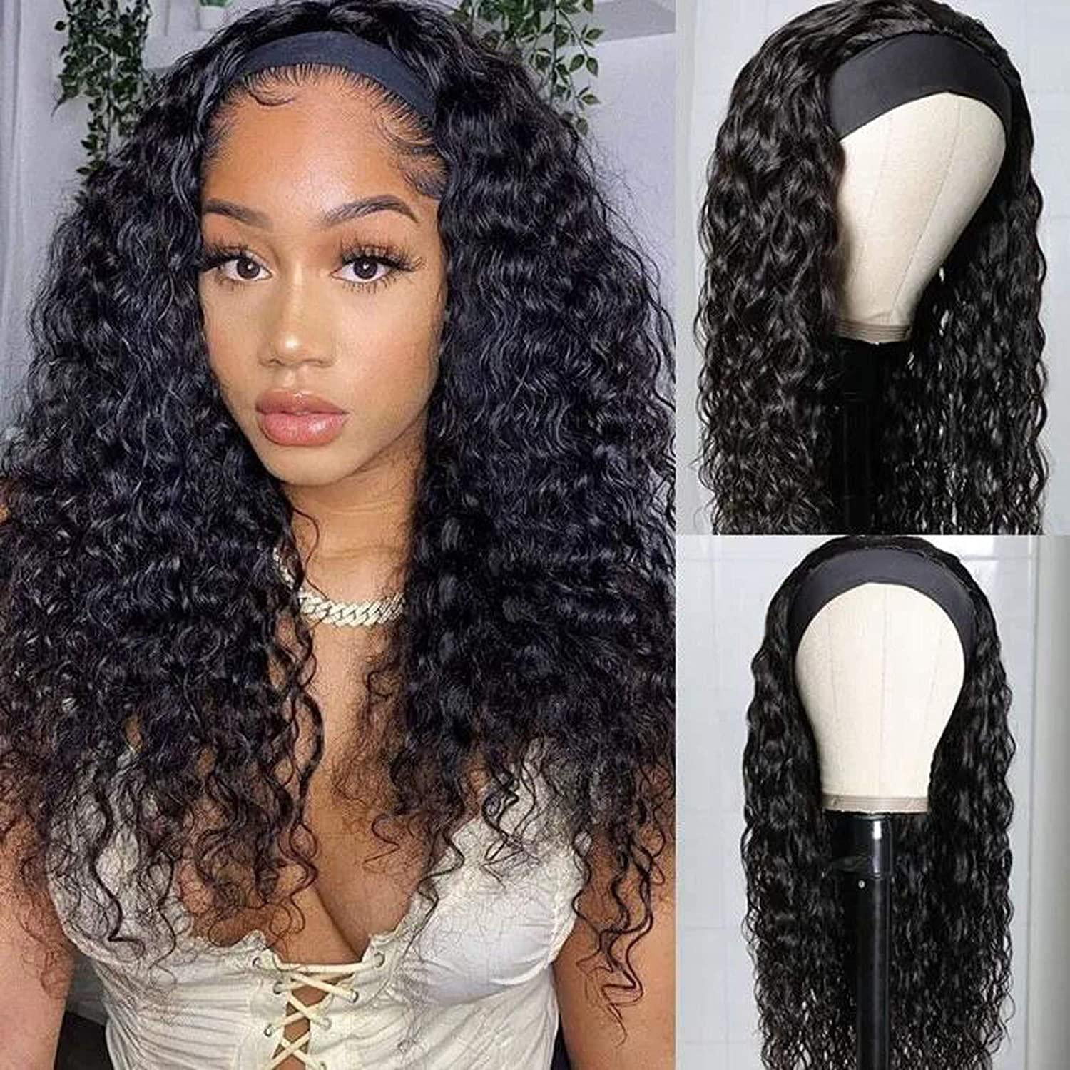 Bellaven Water Wave Headband Wig Human Hair Wigs for Black Women 150%  Density Wet and Wavy Headband Wig Brazilian Virgin Hair Wigs Machine Made  None Lace Front Wigs Natural Color (14Inch) -