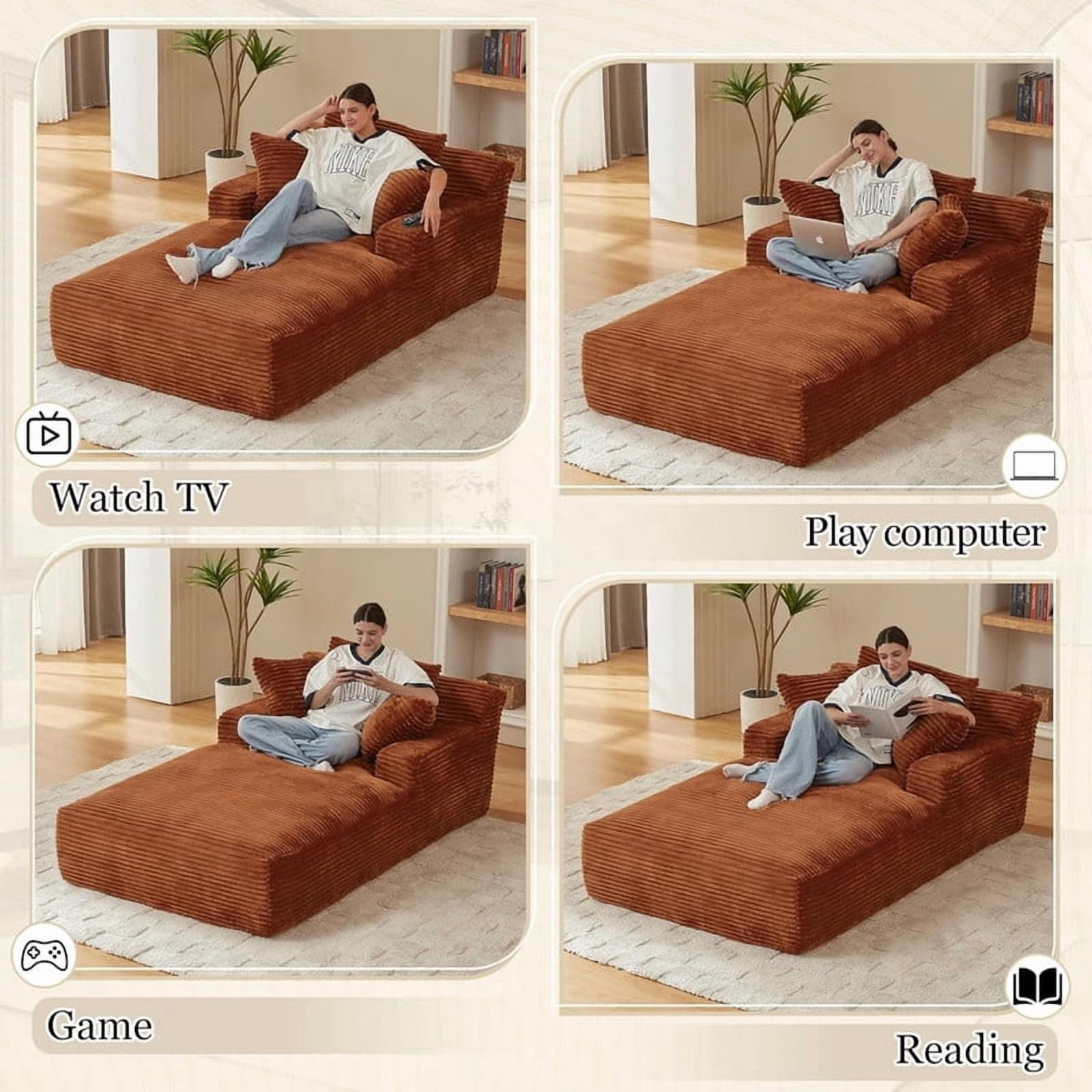 Oversized Chaise Lounge Chair Indoor, 78.7" Extra Deep Boneless Corduroy Lounge Couch Bed with 3 Pillows, Single Seat Reading Chairs for Living Room,Bedroom,Apartment