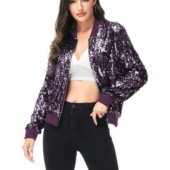 Womens Long Sleeve Sequin Front Zip Jacket Long Sleeve Ribbed Cuffs Outerwear Tops