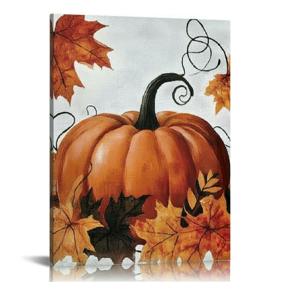 ZFLMY Pumpkin Leaves Fall Canvas Wall Art Modern Prints for Home Decor Living Room Bathroom Office, Ready to Hang 12x16in