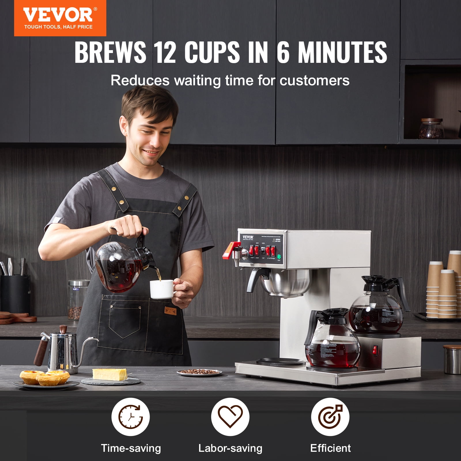 VEVOR 12 Cups Commercial Drip Coffee Maker, Coffee Maker Machine with 3 Glass Carafes and 3 Warmer Plates, Stainless Steel Pour Over Coffee Brewer for Restaurant, Office, Cafe