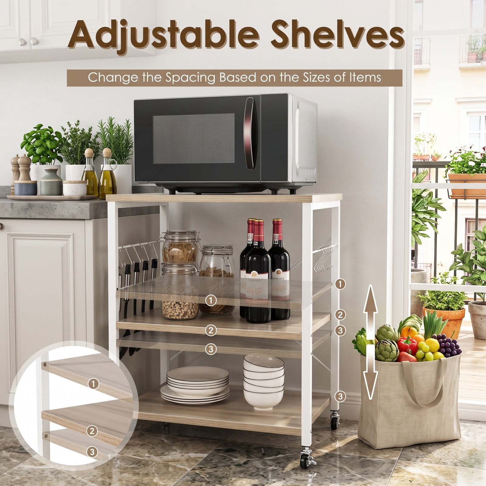 RUIE 3-Tier Kitchen Baker's Rack Microwave Oven Storage Cart with 10 Hooks, 4 Casters and Adjustable Shelf for Coffee Bar Dining Room, Light Brown