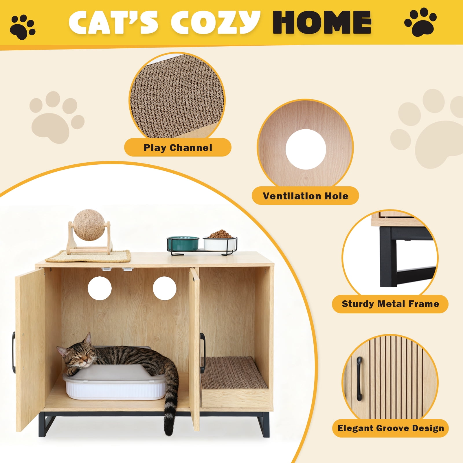 KATHY&BOB Hidden Cat Litter Box Enclosure Furniture with Cat Scratch Mat, Striped Grooved Design, Wooden Cat Washroom, Natural