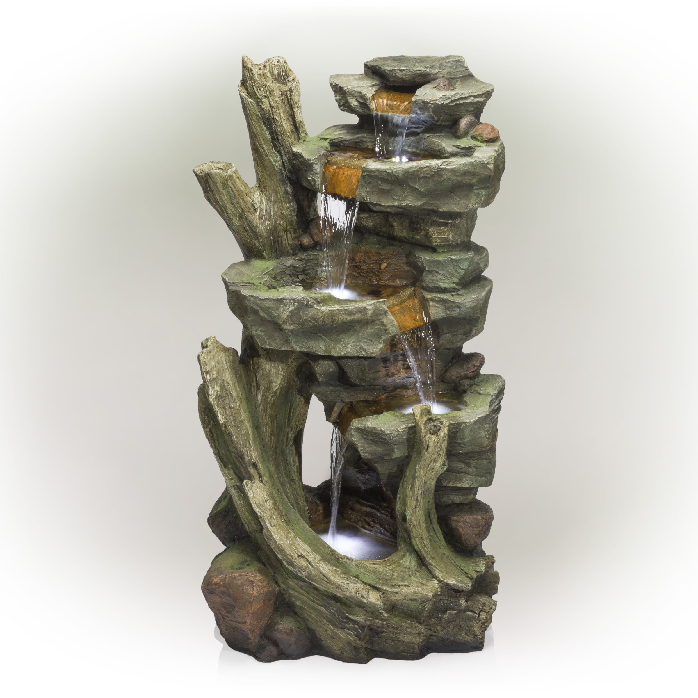Alpine 39" Outdoor Multi-Tier Stone Tower Waterfall Electric Fountain with LED Lights