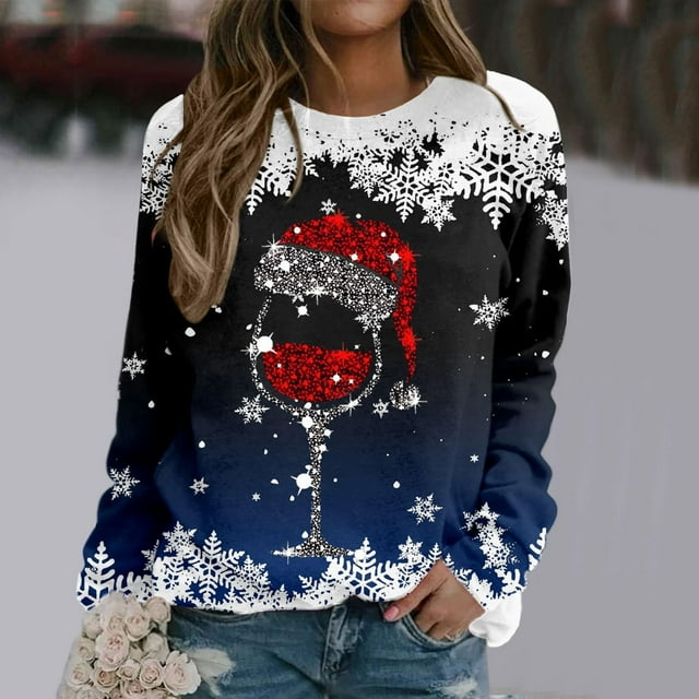 TIMIFIS Chandail de Noël pour Femmes Décontracté Verre de Vin Rouge Chapeau de Père Noël Flocon de Neige Imprimé Chandails à Manches Longues Hiver Polaire Col Rond Chandail Cadeaux de Noël