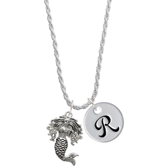 Delight Jewelry Silvertone Mermaid Silvertone Script Initial Disc - R - Charm Necklace, 20"+3"