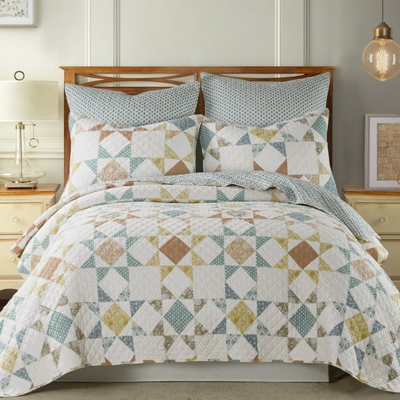 Levtex Home - Lottie Quilt Set - King Quilt and Two King Shams - Patchwork - Sienna Teal Green Ochre Taupe and Cream - Quilt (106x92in.) and Shams (20x36in.) - Reversible - Cotton