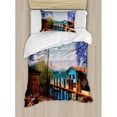 thumbnail image 3 of Lake House Decor Queen Size Duvet Cover Set, Vintage Hand Drawn Artisan Picture of Fishing Village with Old Bridge and Gulls, Decorative 3 Piece Bedding Set with 2 Pillow Shams, Multi, by Ambesonne, 3 of 3