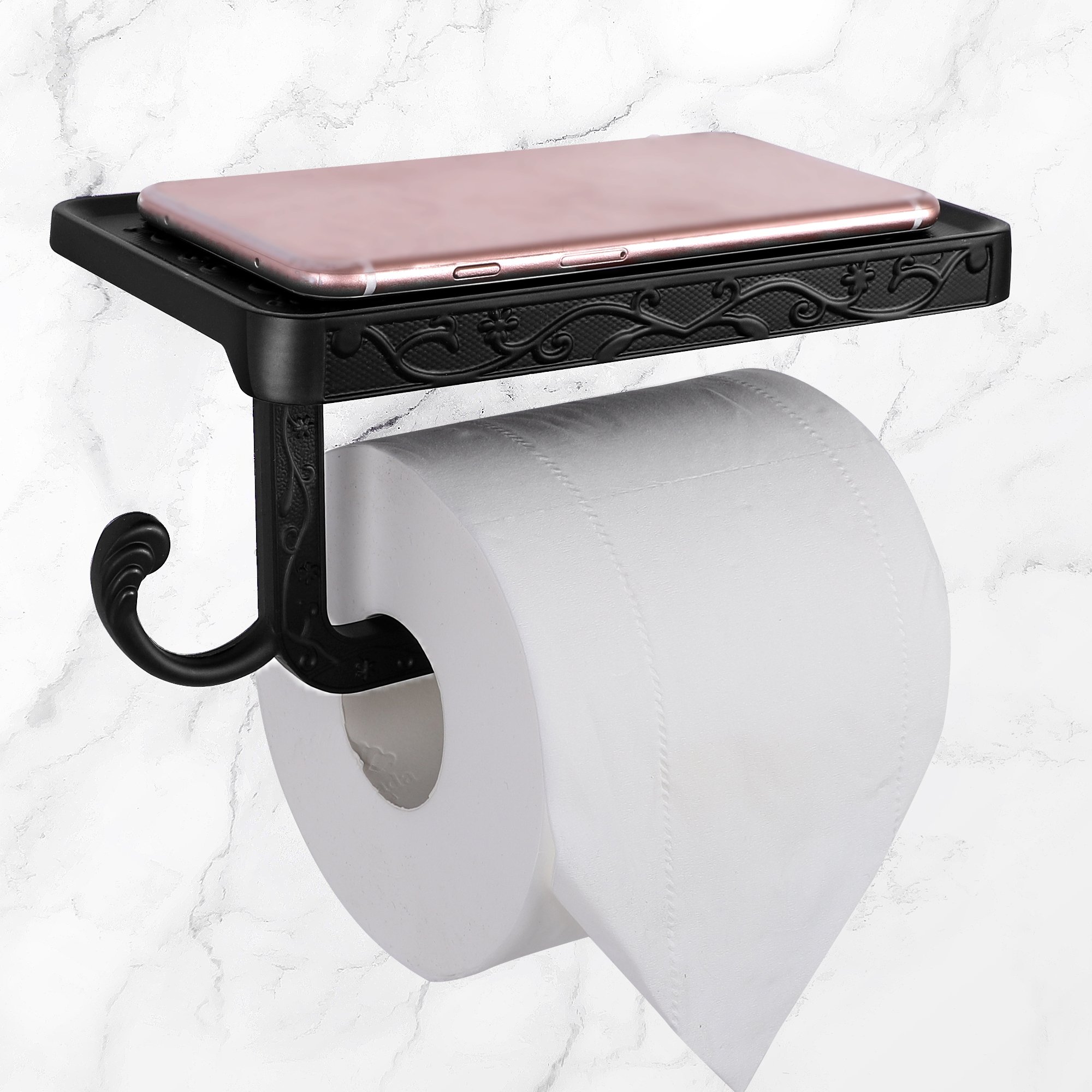 Unique Bargains Toilet Paper Holder with Phone Shelf Aluminum Alloy Roll Holder Black