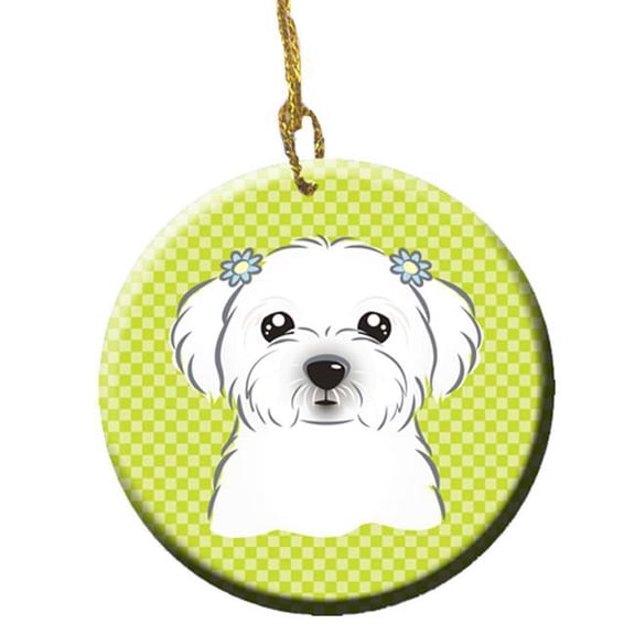Checkerboard Lime Green Maltese Ceramic Ornament, 2.81 In.