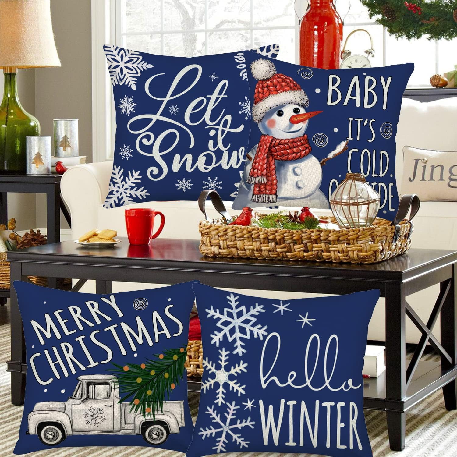 Winter Christmas Pillow Covers 18x18 Inch Silver Truck Snowflake with Blue Farm Xmas Tree Snowman Baby It’s Cold Outside Let it Snow Throw Pillow Cases New Year Decor Set of 4 Cushion Cover