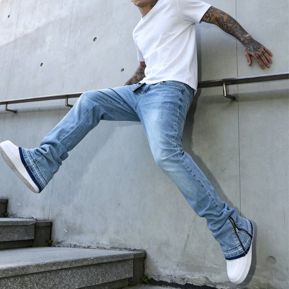 Trikvn Mens Casual Pants Vintage Stretch Stacked Flare Denim Fashion Summer Bottoms Trendy Side Zip Vacation Outdoors Streetwear Jeans