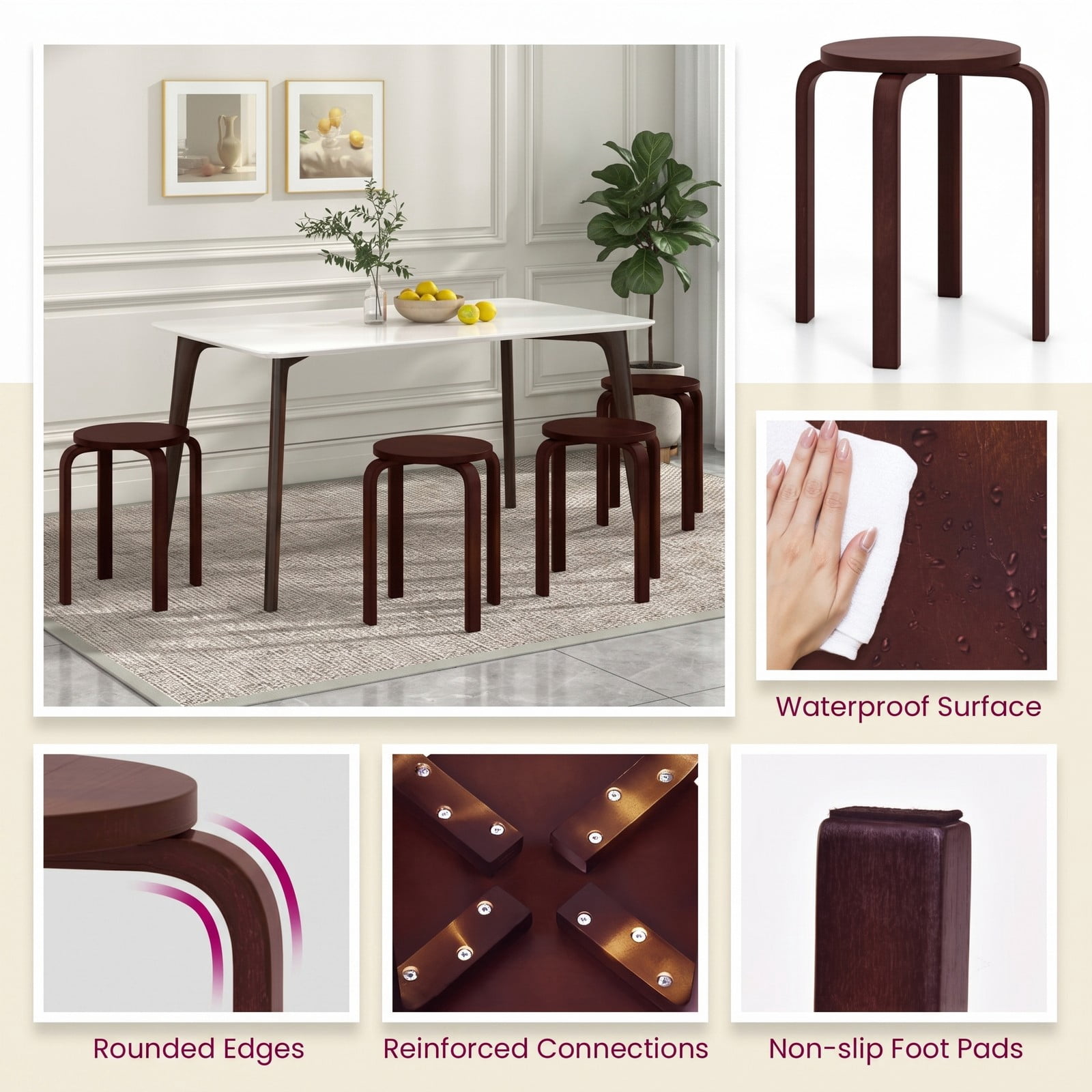 Furnibear Set of 4 Stackable Bentwood Dining Chairs, 18 Inch Round Top Solid Wood Kitchen Side Chairs, Space-Saving Backless Stackable Seats for Kitchen, Deep Brown