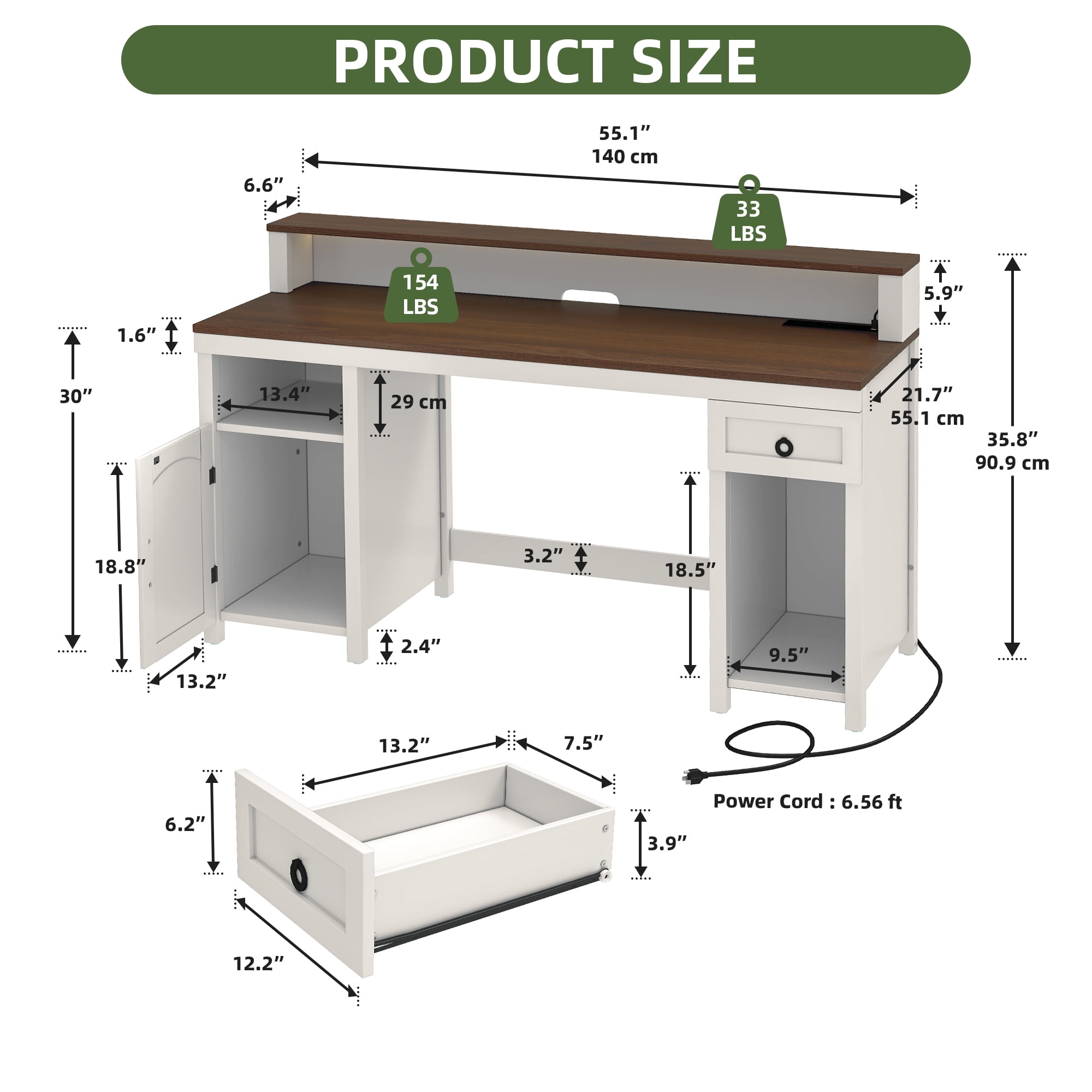 Uforic Office Computer Desk with LED Lights & Storage Shelves, Gaming Desk with Drawer & Door, White