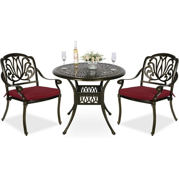 MEETWARM 3 Piece Patio Bistro Set, Outdoor All-Weather Cast Aluminum Dining Furniture Set Includes 2 Cushioned Chairs and a 35.4” Round Table with Umbrella Hole for Garden Deck, Chili Red