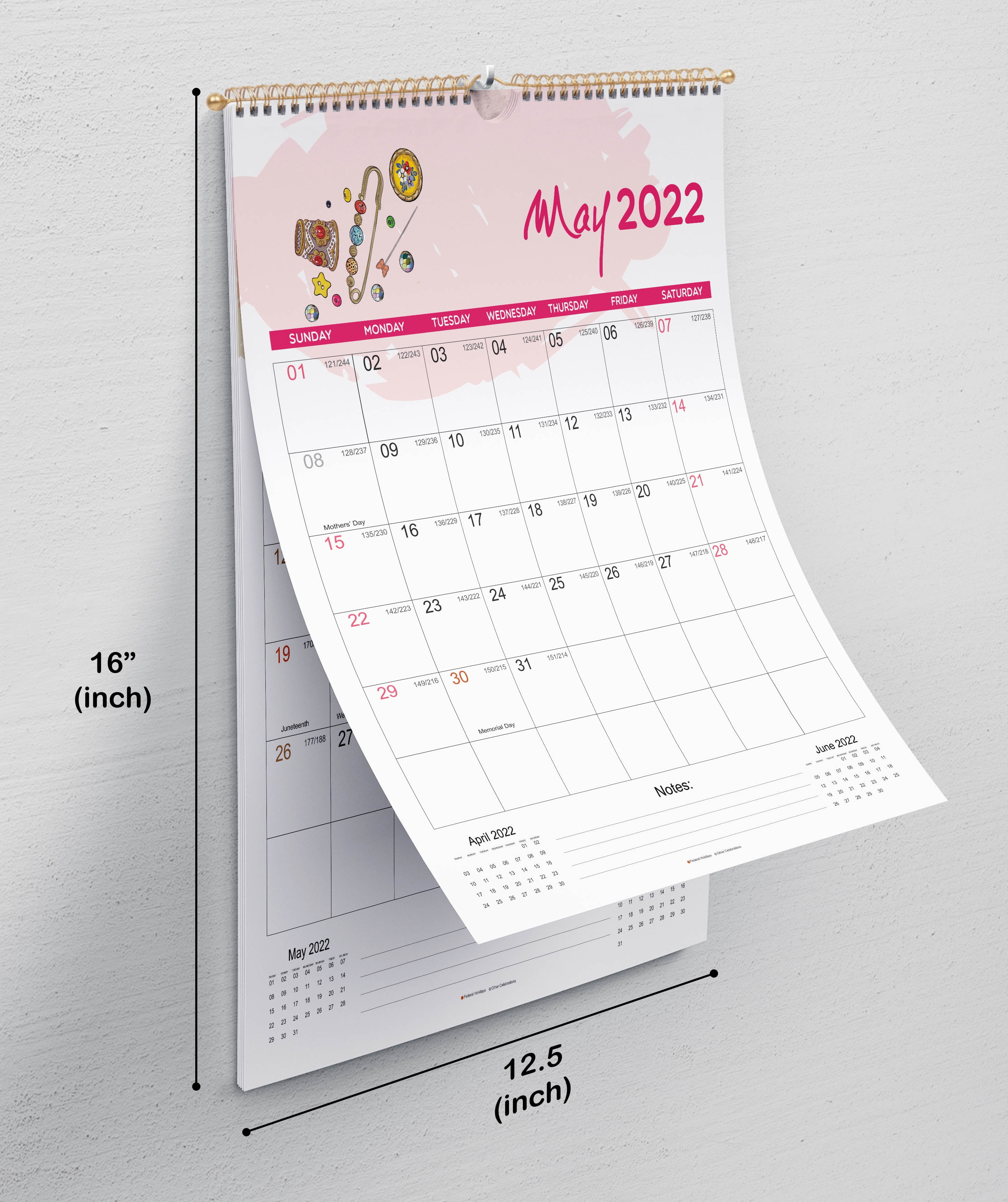 Inkdotpot16"x12.5"WallCalendar- Runs until December 2023Hanging Spiral Bound MonthlyCalendar2022-2023 for Home or Office+ Bonus Sticker Sheet -Fashion