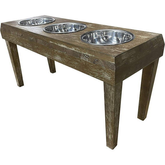 | 3 Bowl Dog Feeder - Aluminum Bowls - Washed Oak Finish - Raised Dog Feeder - Dog Bowls - 16" Tall Dog Feeder - Pet Furniture