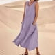 thumbnail image 3 of Vestido de verano de algodón y lino para mujer, sin mangas, con cuello redondo y bolsillos, 3 of 5