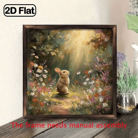 1pc Rustic Bunny in Forest Framed Wall Art - Farmhouse Decor with Floral Painting, Wood Framed for Living Room, Kitchen, Easter - No Wiring Needed, Easy Hang Bunny Decoration (8x8 Inch)