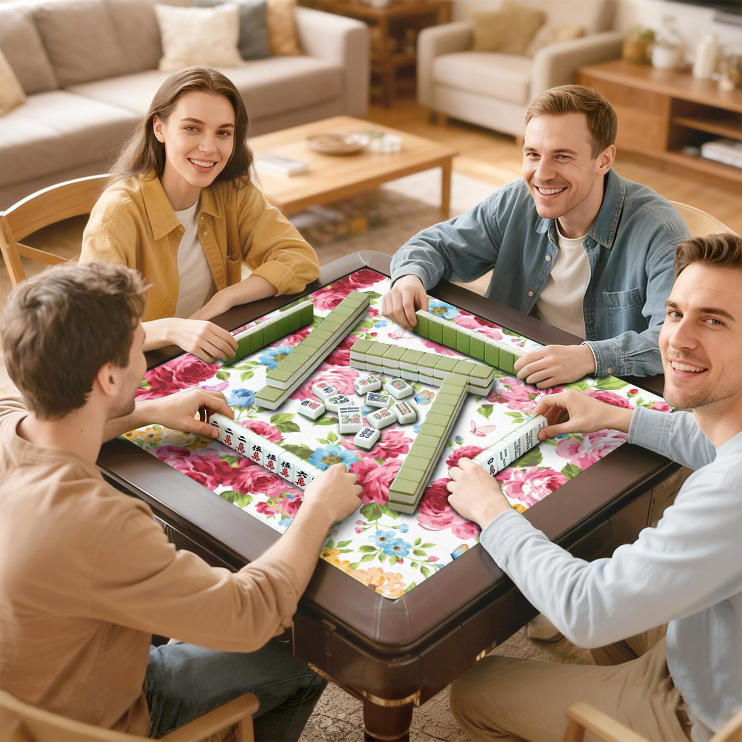 Large Square Floral Anti-Slip Game Table Pad 31.5x31.5 Inch Rubber Mahjong Playing Mat with Quiet Design for Card Games & Board Game Activities