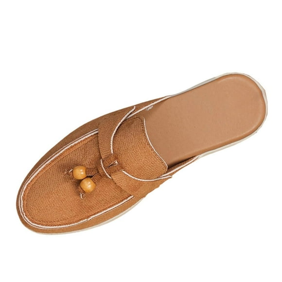 Xfvqtps Womens Fashion Mules Backless Slip on Loafers with Bead Detail Comfortable Casual Flats Soft Faux Leather Shoes for Women Sliders Outdoor Leisure Wear Brown