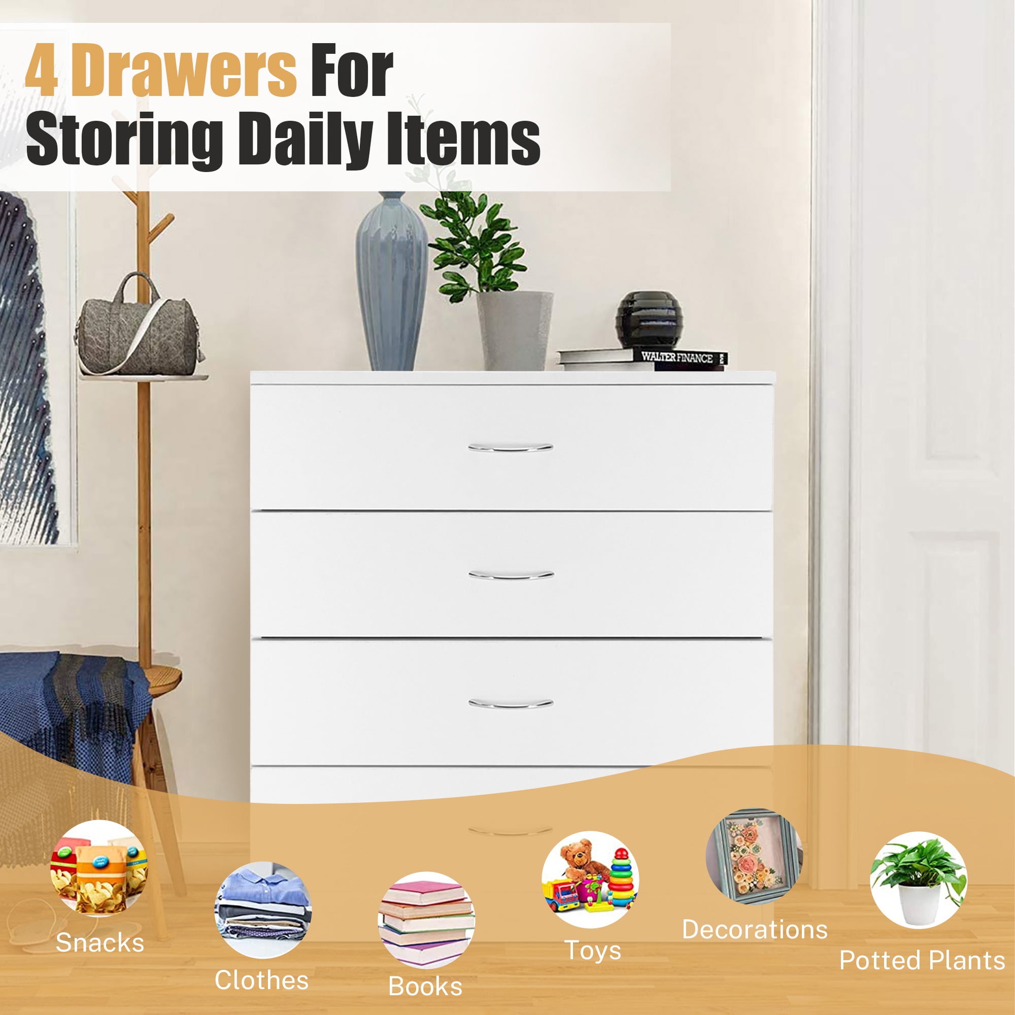 PAPROOS Modern White 4 Drawer Dresser, Chest of Drawers for Bedroom, Storage Cabinet Nightstand Dresser Organizer Unit with Handle for Living Room, Closet, Hallway