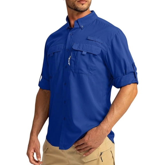 Havenx Safari Shirts for Men Long Sleeve Button Down Collared Shirt with Zipper Pockets Solid Color Dress Lightweight Summer Travel Cooling Camping Clothing,Royal Blue 2XL