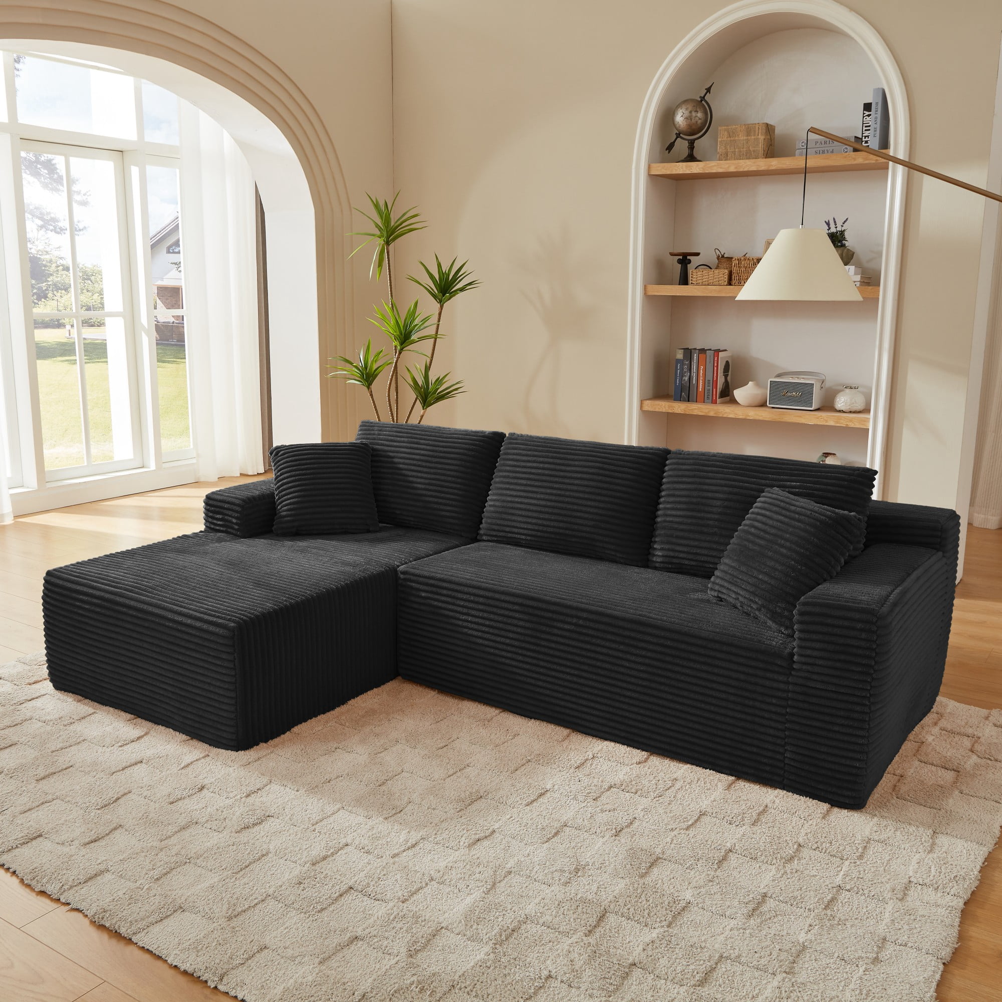 Aukfa 103" Modular Cloud Sectional Sofa, L-Shaped Boneless Couch with Left-Facing Chaise, Deep Seat Corduroy Sleeper Sofa for Living Room, Black