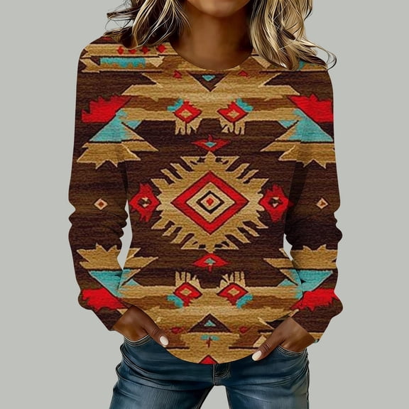 Retro Sweatshirt for Women Tribal Pattern Graphic Print Crewneck Long Sleeve Classic Relaxed Fit Casual Cozy Pullover Southwest Bohemian Fashion Clothes