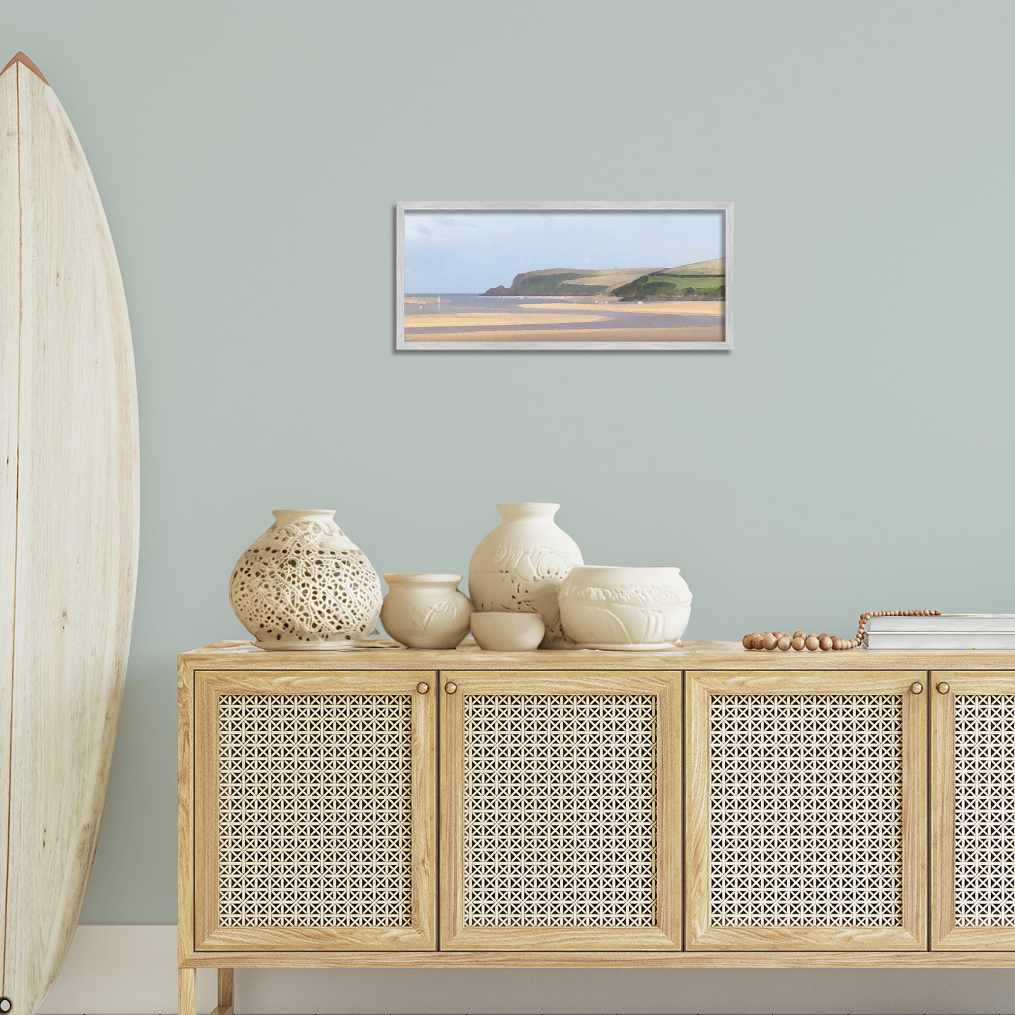 Stupell Industries Sunlit Sands Beach Landscape Painting Gray Framed Art Print Wall Art, 24 x 10