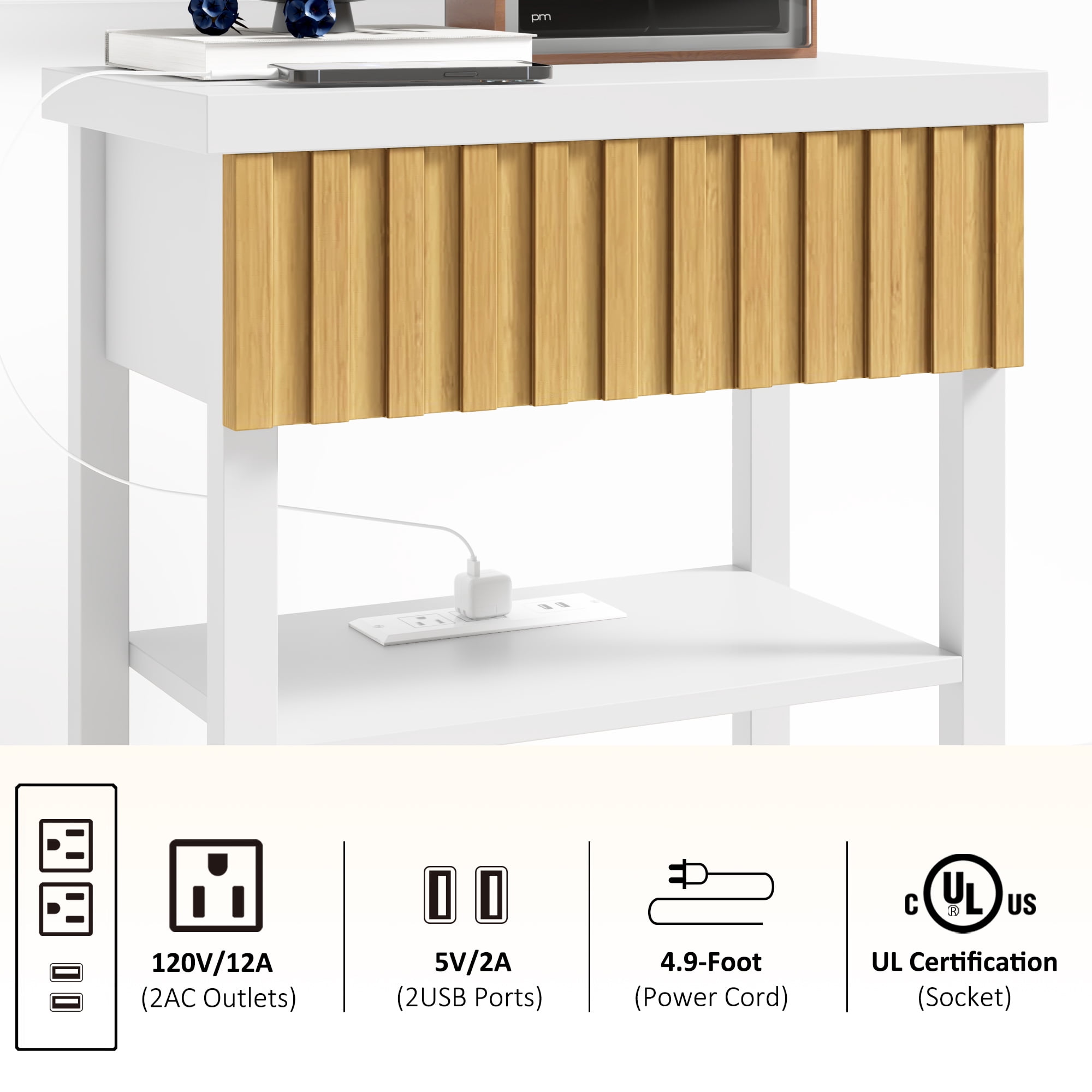 Fluted Nightstand with Charging Station,Farmhouse Night Stand with Drawer & 2 Open Storage Shelves,Modern Side Table for Bedroom Small Space Living Room Entryway,White