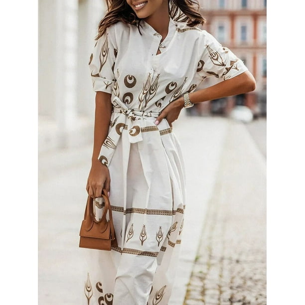 Fashion Print Shirt Dress Retro Chic Woman Vintage Dress Maxi Dress Elegant Button Belt High Waist dresses for women 03 Apricot XL