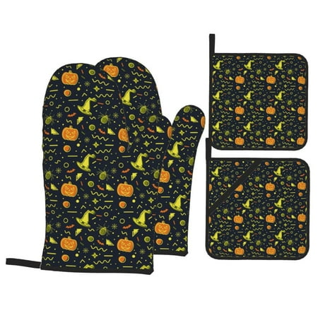 

Oven Mitts and Pot Holders 4 pcs Set halloween hat pumpkins Heat Resistant Pot Holders Oven Mitts for kitchen Non-Slip Hanging Loop Oven Glove Potholders for Baking Cooking