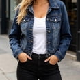 thumbnail image 2 of Zefriona Womens Denim Jacket Long Sleeve Button Pocket Pointed Collar Casual Outwear Jean Coat Navy Size L, 2 of 9