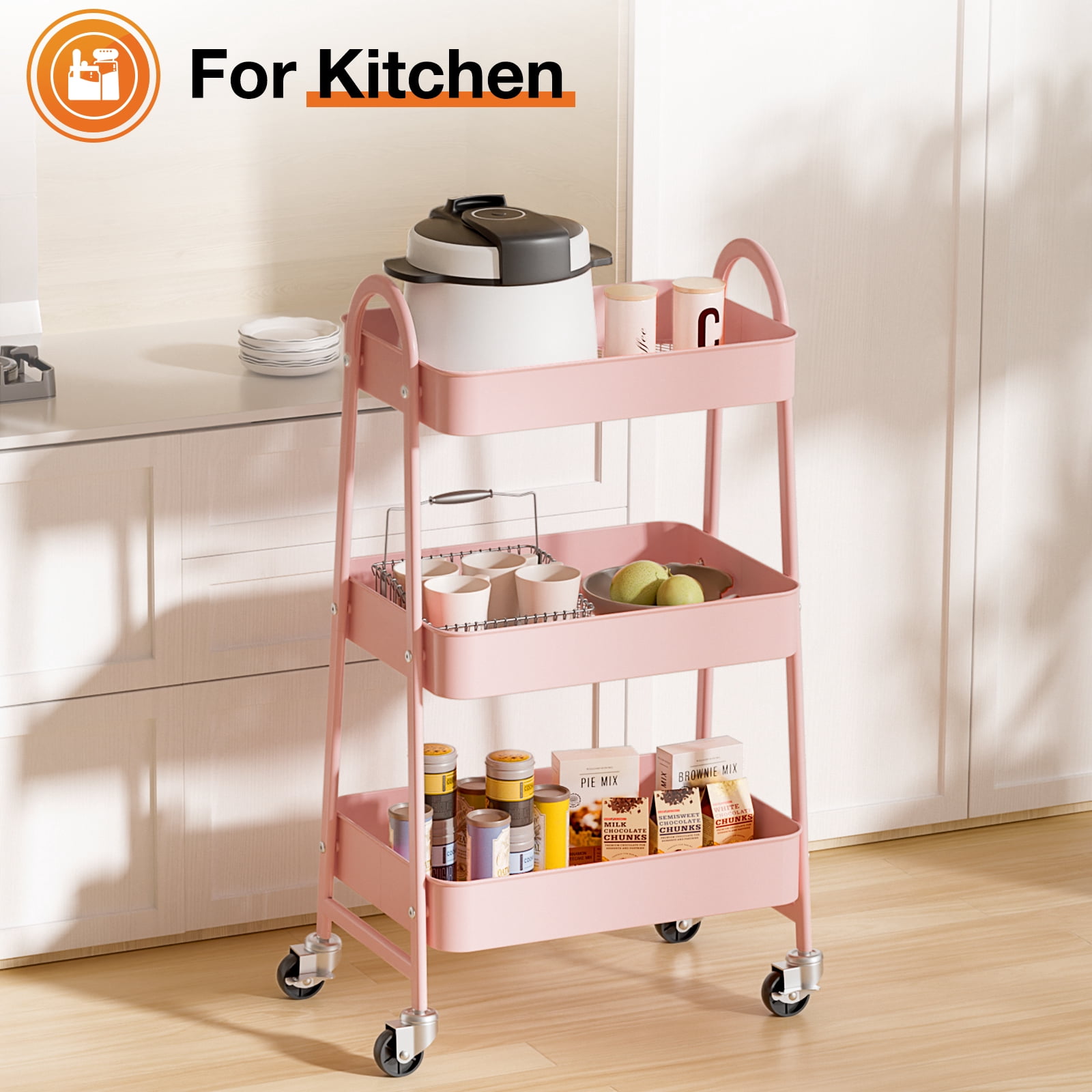 3-Tier Rolling Metal Storage Cart with Locking Casters, Utility Organizer for Kitchen, Bathroom, Laundry, and Office